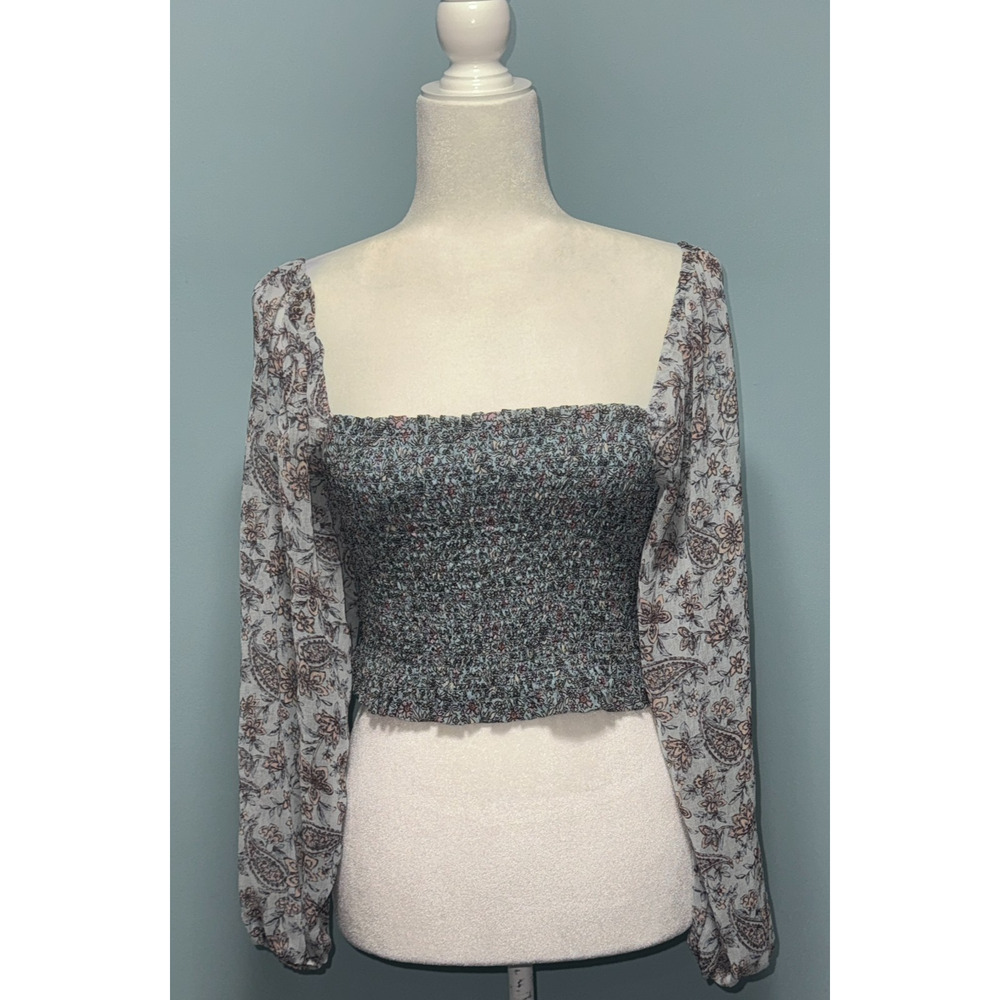 American Eagle Womens XS Smocked Blouse Paisley Romantic Feminine Dainty Sheer